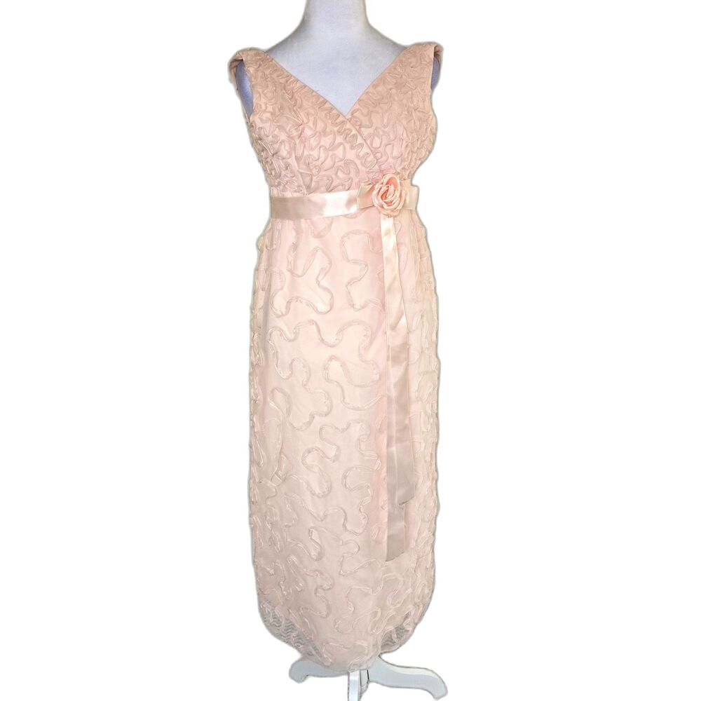 VTG 80s Pink Floral Ribbon Overlay Gown Rosette Waist Formal Dress Coquette Hoco